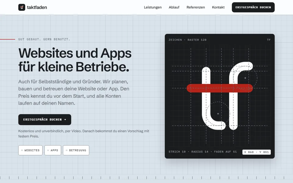 Startseite von taktfaden.de: Websites und Apps für kleine Betriebe, daneben die Konstruktionszeichnung des Logos